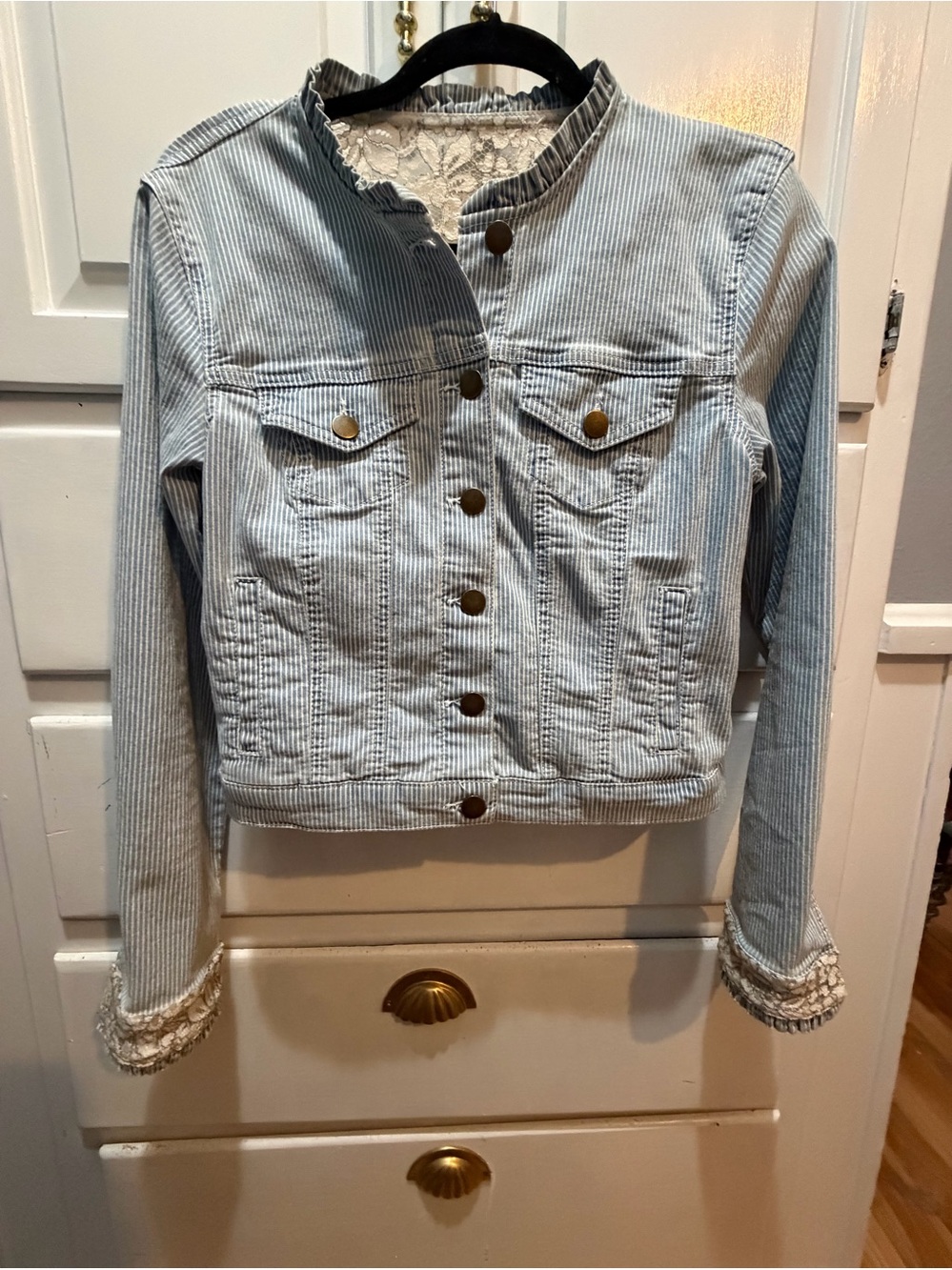 Denim Draper James Blue White Pinstripe Upcycled Jacket S Beautiful Boho Lace
